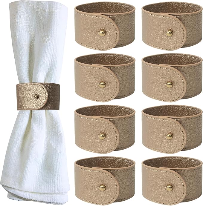 Luxury Leather Napkin Rings Set of 8, Champagne, Morgan Faux Style, Modern Cuff Design for Wedding Party Decorations, Kitchen, Holiday Table,Rust Proof,Hotel, Home, Table Accessories, Dining