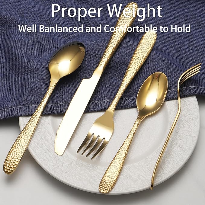 Gold Hammered Silverware Set, 20 Piece Stainless Steel Heavy Duty Flatware Set for 4, Food-Grade Tableware Cutlery Set for Home Restaurant, Mirror Polished, Dishwasher Safe