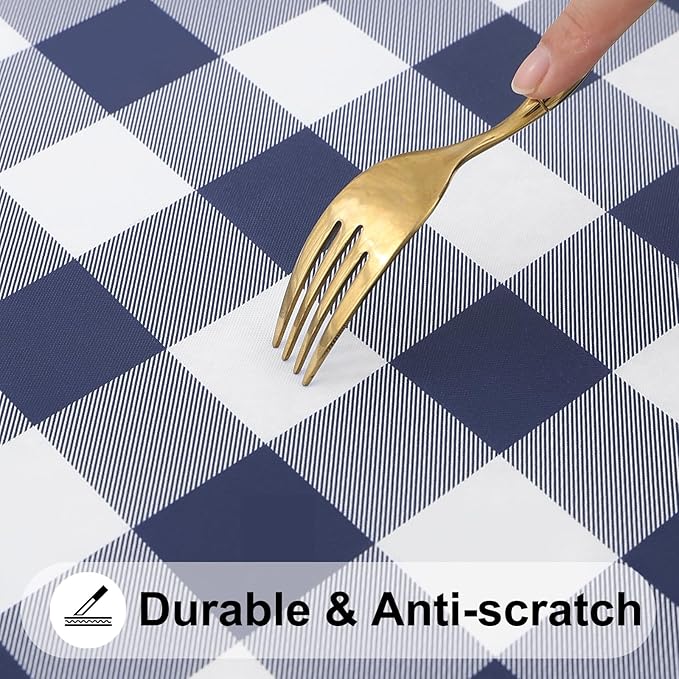 Smiry Rectangle Picnic Table Cloth, Elastic Waterproof Fitted Vinyl Tablecloths, Flannel Backed Buffalo Plaid Table Covers for Dining, Camping, Outdoor (White and Navy, 30" x 72")