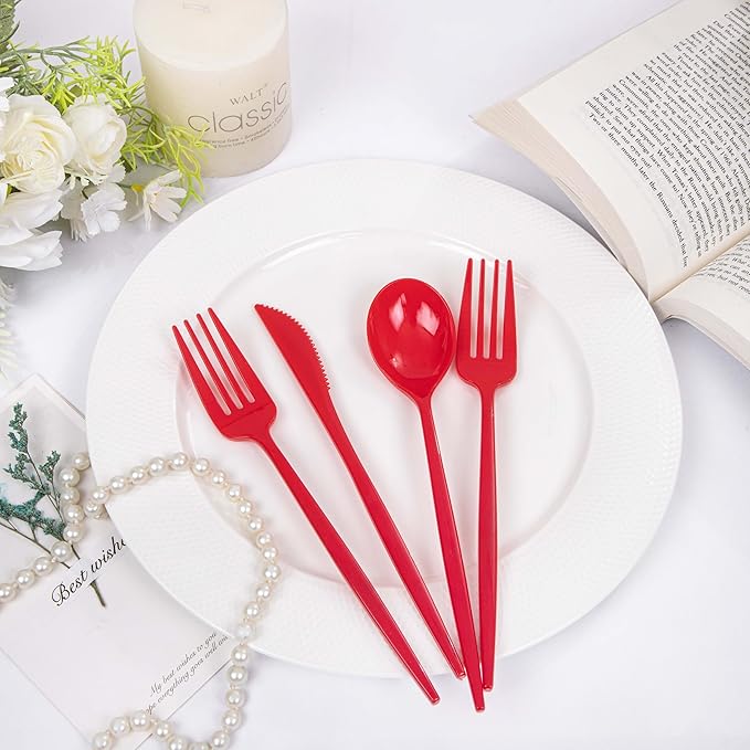 PULOTE 150PCS Red Plastic Silverware Set - Heavy Duty Plastic Cutlery - Red Utensils Disposable Include 50 Forks, 50 Spoons, 50 Knives for Party & Valentines Day