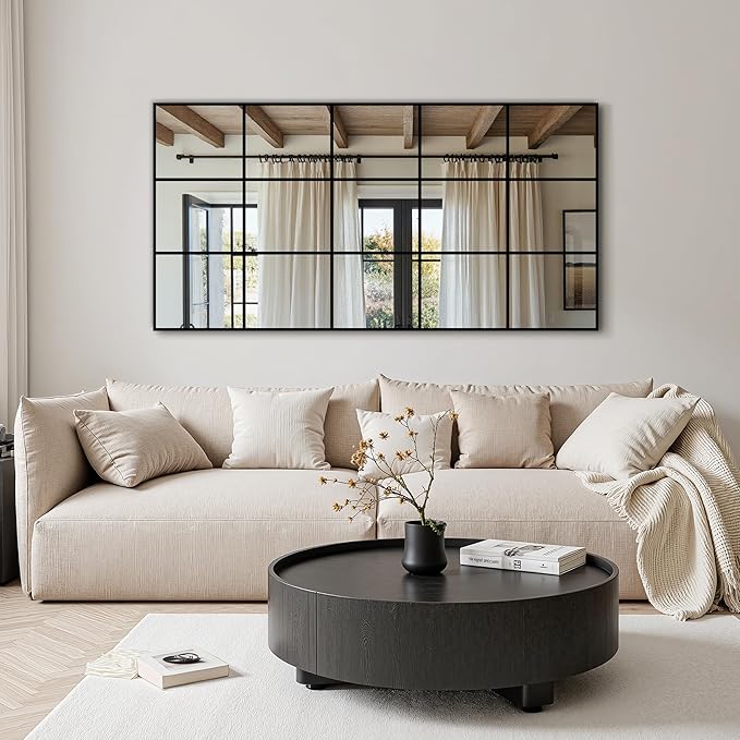 Large Window Pane Full Length Mirror for Wall, 55"x28" Black Rectangular Wall Mirror for Living Room, Bedroom, Entryway, Hanging or Leaning