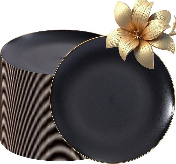 EI enjonirinjonir 80pcs Black and Gold Dinner Plates Disposable 10.25inch,Plastic Party Plates with Gold Rim,Black Plastic Matte plate Frosted Disposable Heavy Duty,Elegant for Wedding/Tea Party