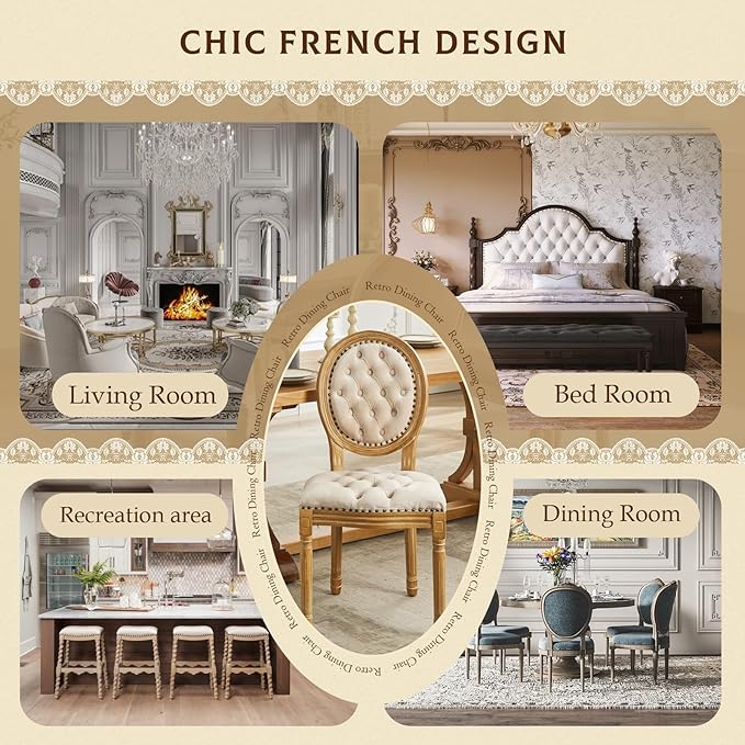 SoarFlash French Velvet Dining Chairs Set of 6, Vantage Dining Chair with Round Back, Wood Leg Farmhouse Country Dining Chair for Kitchen,Bedroom,Beige