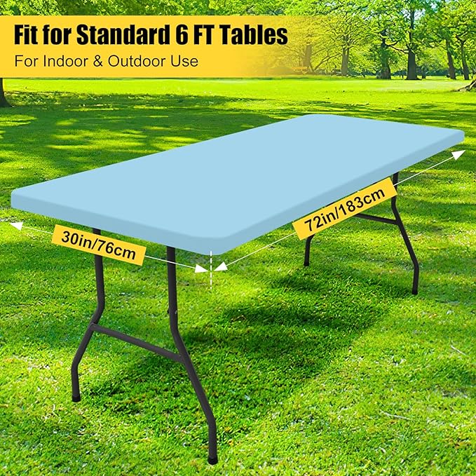 Smiry Rectangle Picnic Table Cloth, Waterproof Elastic Fitted Tablecloths for 6 Foot Tables, Washable Polyester Table Cover for Camping, Indoor and Outdoor (Light Blue, 30"x72")