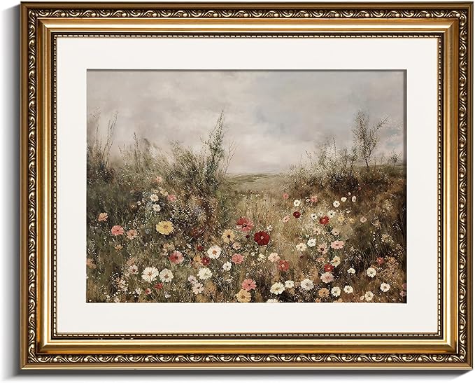 InSimSea Gold Picture Framed Wall Art, Living Room Classical Wildflower Field Meadow Flowers Canvas Print Wall Decor, Vintage Landscape Home Farmhouse Decor, Antique Paintings with Frame 13x16inch