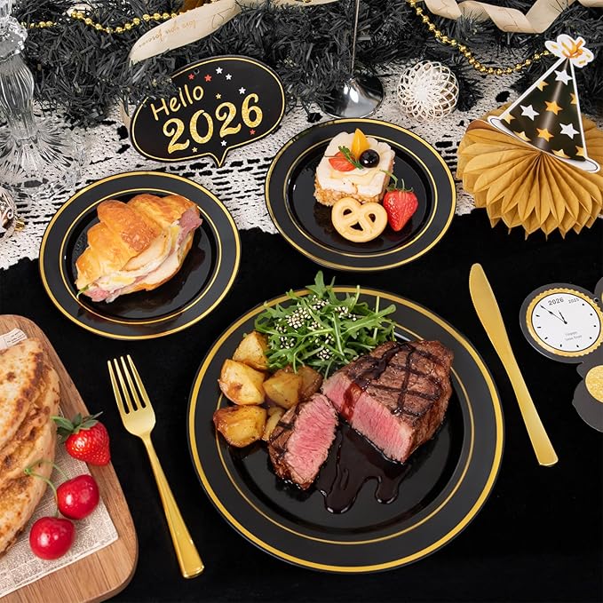 WDF 200PCS Black and Gold Plastic Plates - Black Plates Disposable for Party - Heavy Duty Plastic Plate for New Year