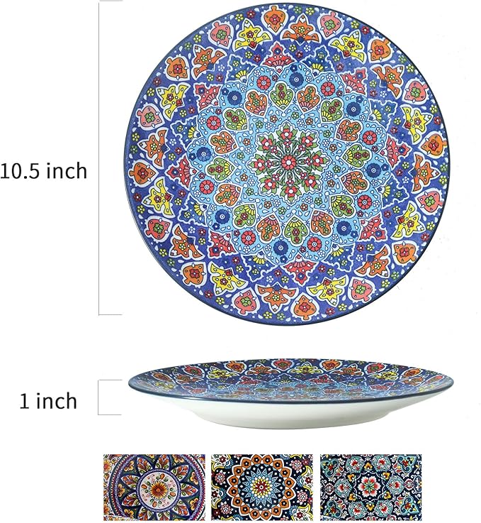 HASENSE Dinner Plate Set of 4, 10.5 Inch Porcelain Plates for Kitchen, Large Salad Plates for Steak, Dishes Set for Restaurant, Microwave, Oven & Dishwasher Safe for Christmas Gift, Bohemian