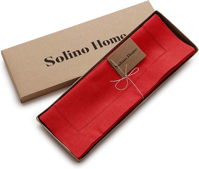 Solino Home Linen Cloth Placemats Set of 6-100% Pure Linen Hemstitch Red Placemats 14 x 19 Inch - Classic Hemstitch Table Place Mats for Valentines, Winter