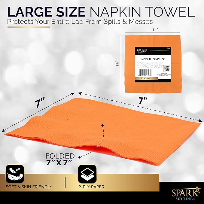 Big Party Pack 40 Count Orange Dinner Napkins Tableware- Ideal for Wedding, Party, Birthday, Dinner, Lunch, Cocktails. (7” x 7”)