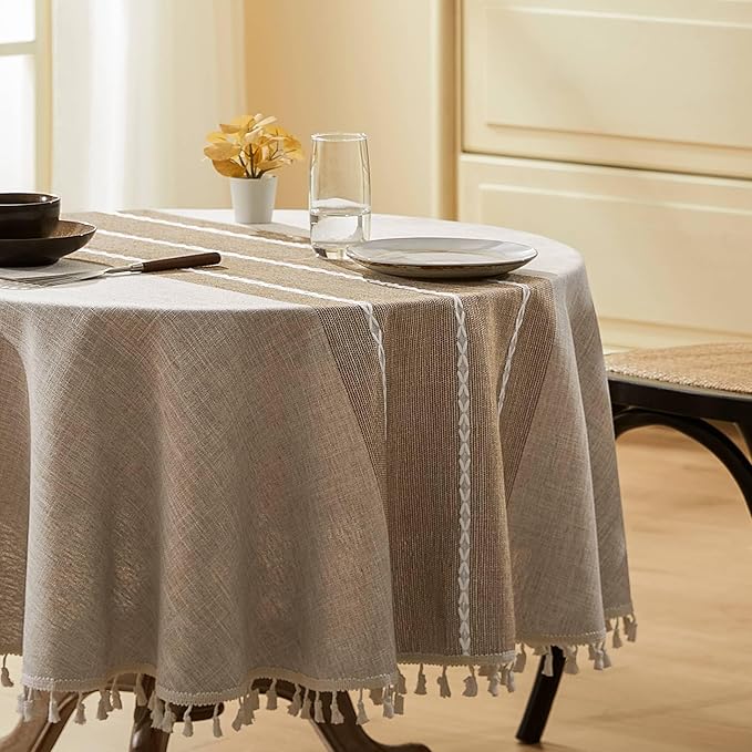 ZeeMart Contrast Linen Round Tablecloth 52 Inch Brown, Farmhouse Style Round Table Cloth Heavy Weight Beige Tablecloths, Water Resistant Burlap Table Cloths