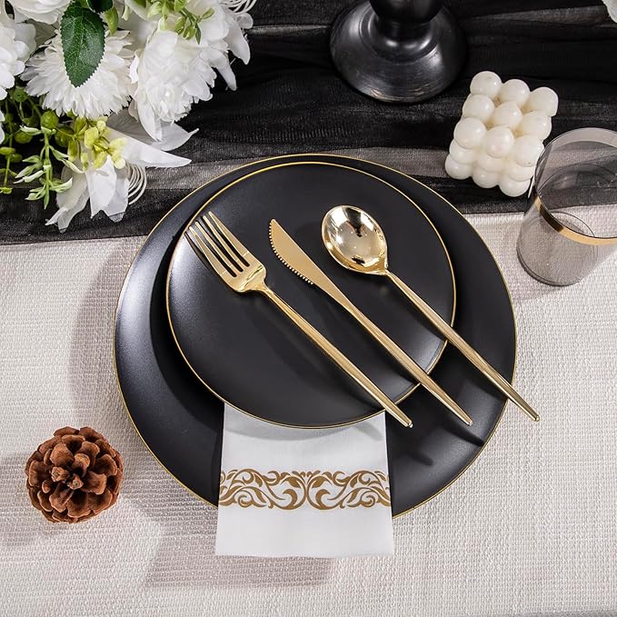 EI 350Pcs Black and Gold Matte Frosted Plastic Plates Disposable Heavy Duty,Dinnerware Set for Party Include 100 Disposable Plates,150 Silverware,50 Napkins,50 Cups for Party/Wedding/Events,Hotel