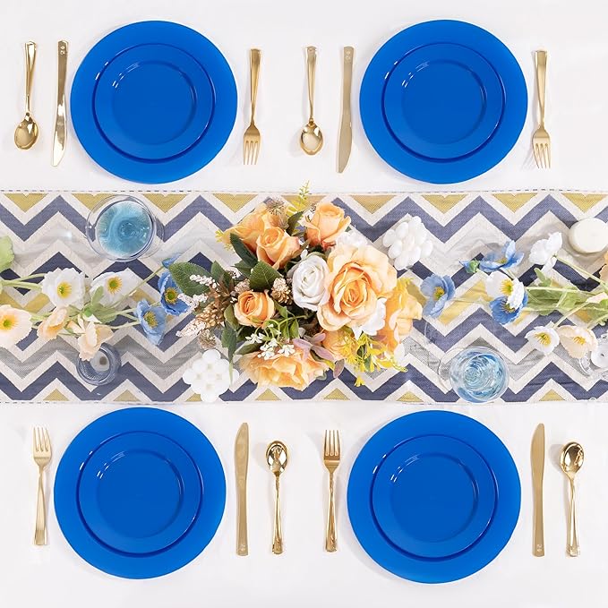 I00000 102 Pcs Plastic Plates, Plates Disposable Blue Party Plates Include 51 Blue Dinner Plate 10’’ and 51 Plastic Dessert Plate 7’’ Perfect for Wedding, Party