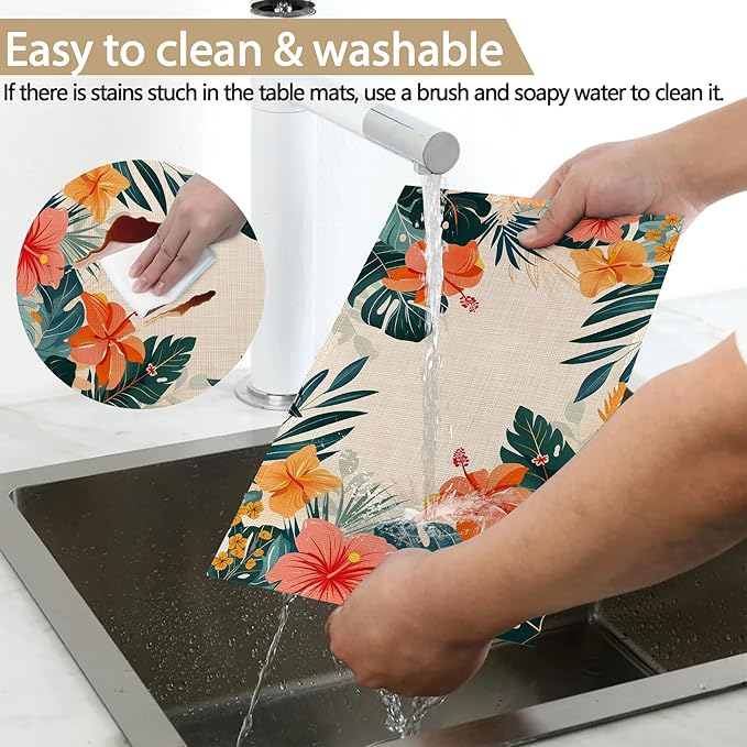 Placemats Set of 6 Tropical Floral Orange Flowers Place Mats Washable Kitchen Dining Linen Table Mats Stain Heat, for Home Party Indoor 12x18 in