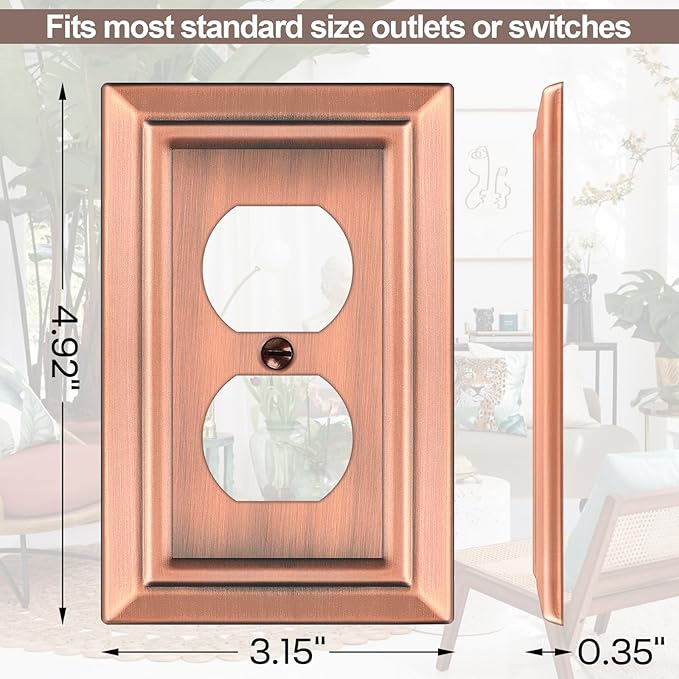 Metal Wall Plate for Electrical Outlets, Decorative Antique Copper Switch Plates Outlet Cover, Light Switch Cover Plate, 1-Gang Wall Plates (Duplex Outlet, 6 Pack)