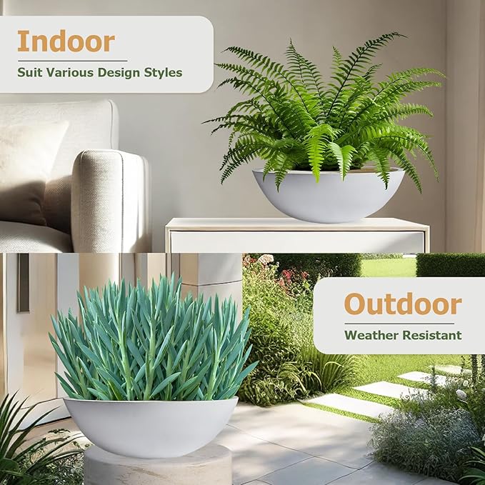 6.9" H x 19.7" D Round Bowl Fiberstone Planter for Succulent and Lotus with Drainage Hole, Smooth Finishes, Weather Resistant, Included 2 Extra Coco Mats (White, 17.9" Pot Opening)