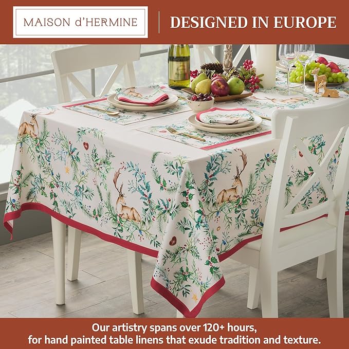 Maison d' Hermine Table Cloth Rectangle Table 100% Cotton 70 x 90 Inches Fall Tablecloth Reusable Everyday Use for Thanksgiving Christmas Decorations Dining Farmhouse Party (Holly Time)