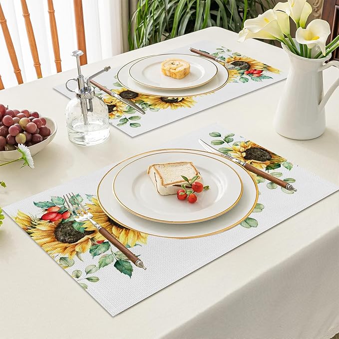 AOFOTO Sunflower Printed Placemats Set of 4 Spring Yellow Floral Leaves Fruit Printed Place Mats Washable Rectangular Table Mats for Party Home Kitchen Restaurant Dining Table Decor 12x18 Inch