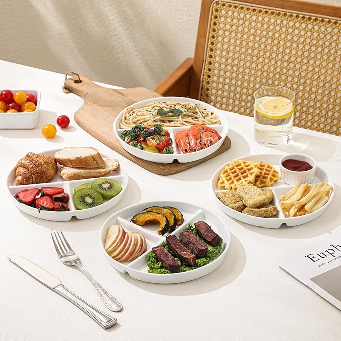 Ceramic Divided Plates Set of 4Pcs, large, White, Portion Control Plate, Reusable Bariatric Plate for Kids Adults, 3 Compartment Plates
