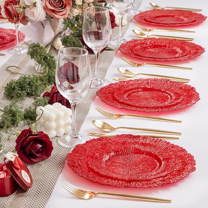 U-QE 60PCS Clear and Red Plastic Plates - Reef Plastic Plates Disposable&Reusable - Clear Red Plates Including 30 Plastic Dinner Plates 10" & 30 Plastic Dessert Plates 7" Perfect for Valentine's Day
