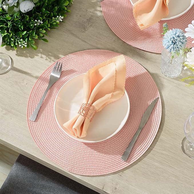 AHHFSMEI Round Braided Placemats 15 Inch Round Table Mats for Dining Tables Natural Woven Heat Resistant Place mats Set of 4 (Pink,4)