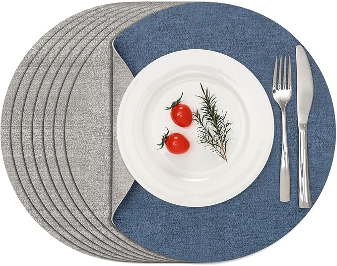 Myir JUN Reversible Vinyl Round Placemats Set of 8, Faux Leather Place Mats Dual Sided Waterproof Wipeable, Heat-Resistant Table Mats for Kitchen Dining Indoor Outdoor (14", Light Gray Navy Blue)