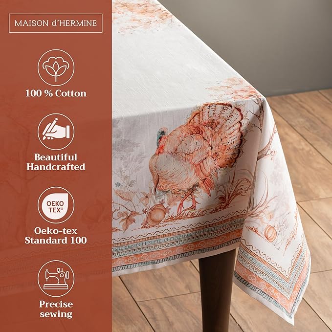 Maison d' Hermine Table Cloth Rectangle Table 100% Cotton 70 x 108 Inches Fall Tablecloth Reusable Everyday Use for Thanksgiving Christmas Decorations Dining Farmhouse Party (Giving Thanks)