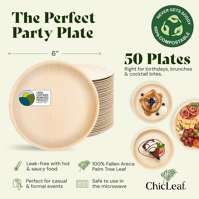 Chic Leaf Palm Leaf Plates - 6" Pack of 50 - Eco-Friendly Compostable Plate - Versatile Appetizer Dish Winter Cozy Dinner Family Meal, Romantic Date Night Essentials