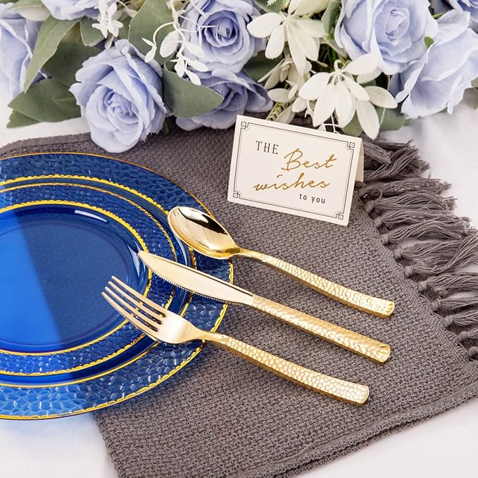 Nervure 150PCS Clear Blue Plastic Plates - Gold Party Plates - Blue and Gold Dinnerware Set Include: 50 Disposable Plate, 25Cups, 25Forks, 25Knives, 25Spoons for Wedding & Party & Hanukkah