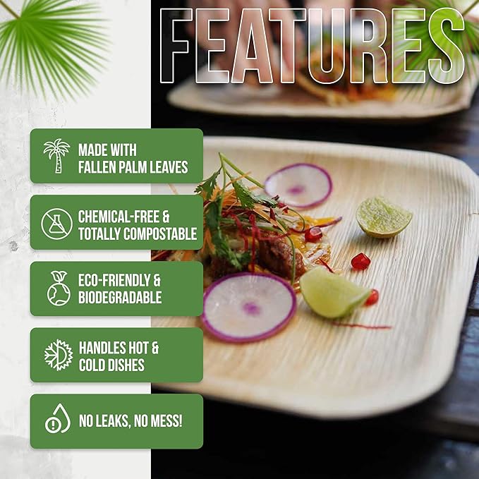 Palm Leaf Plates 10 Inch & 7 Inch (50-Pack), Square Bamboo Plates Disposable, Eco-Friendly, Biodegradable & Compostable Bamboo Appetizer Plates, Perfect Dinnerware for Desserts, Snacks, & Parties