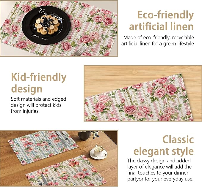 Table Placemats Set of 6, Waterproof Linen Fabric, Non-Slip Backing & Easy Clean, Elegant Dining Table Protectors for Family and Guests(Vintage Floral Countryside)
