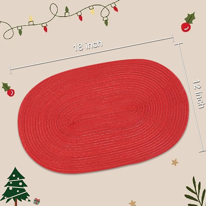Noctiflorous Oval Braided Placemats Set of 8 Woven 12x18 Inch Non Slip Washable Heat Resistant Place Mats Round Tablemats for Dining Kitchen Party Daily Table Decor Dinner Mats (Red Shine, 8)
