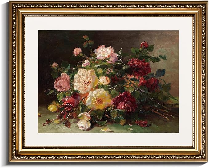InSimSea Gold Framed Wall Art, Living Room Vintage Rose Bouquet Wall Shelf Decor, Flowers Canvas Print Art, Home Bedroom Farmhouse Decor, Antique Paintings with Picture Frame 13x16inch