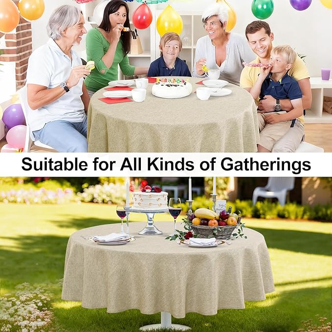 JIUZHEN Round Table Cloth Faux Linen Farmhouse Tablecloth Wrinkle and Stain Resistant Decorative Fabric Table Cover for Kitchen, Dining Room, Parties and Camping, Beige, 108 Inch Round