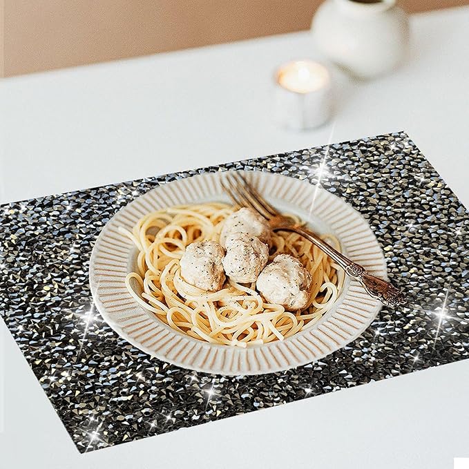 Black Square Placemats - Heat Resistant Rhinestone Decor Set of 6