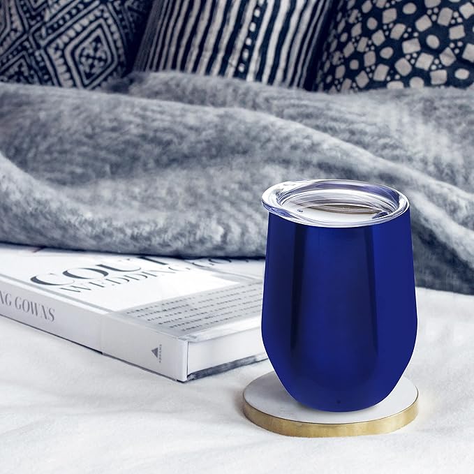 DISCOUNT PROMOS Stemless Wine Glass Tumblers with Lids by Largo 11 oz. Set of 6, Bulk Pack - Perfect for Wine, Cocktails, Other Hot & Cold Beverages - Blue