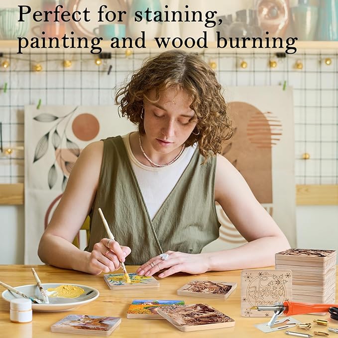 60 Pieces Unfinished Wood Coasters, GOH DODD 4 Inch Wooden Blanks with Non-Slip Pads for Laser Engraving Wood Burning Staining Painting Decoupage Housewarming Gifts Wedding Crafts Education, Square