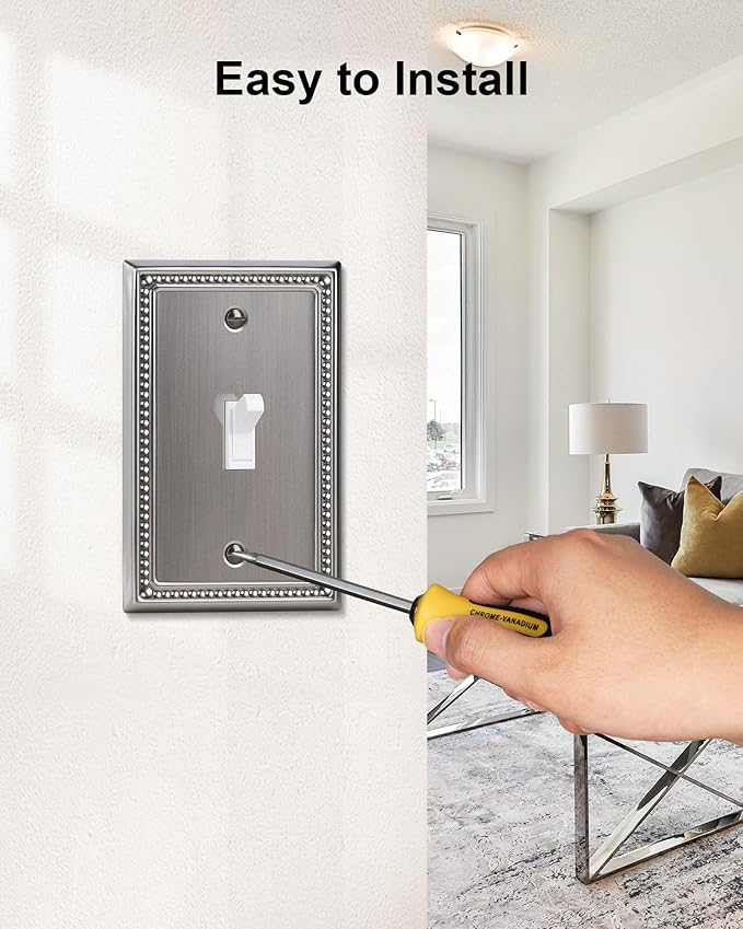 2-Pack Single Toggle Light Switch Cover Plate, Pearls Decorative Switch Plate Covers, Silver 1 Gang Metal Wall Plate, Corrosion Resistant
