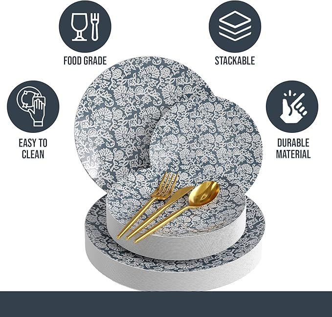 Trendables Fancy Plastic Dinnerware Sets 100 Pc 20 Guests Gold Silverware Disposable 20 X 10 Inch Charger Plates 20 X 8 Inch Dessert Plates 20 x Gold Plastic Forks and Spoons Knives In Garden Damask