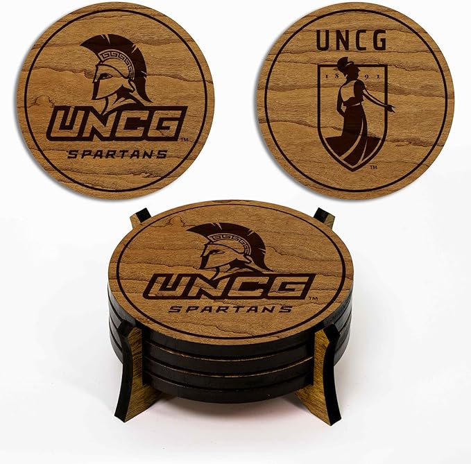 LazerEdge UNC Greensboro Spartans Wooden Coaster Set - Cherry Wood - Officially Licensed Product - 4-Pack