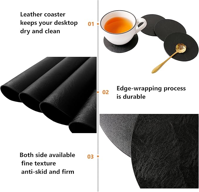 Set of 8 Round PU Leather Placemats, Waterproof Coffee Coasters, Kitchen Table Mats, Easy to Wipe Off for Dining Round Table