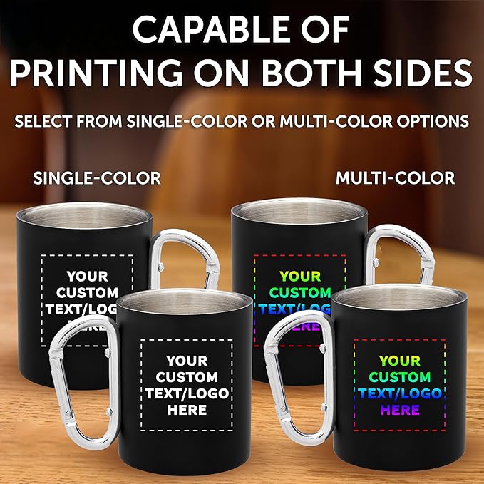 Custom Stainless Steel Mugs with Carabiner Handle 10 oz. Set of 50, Personalized Bulk Pack - Perfect for Coffee, Soda, Other Hot & Cold Beverages - Black
