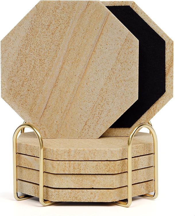 Highly Absorbent Sandstone Coasters Set of 6 with Holder, Octagonal Desert-Like Patterns Australian Sandstone Bar/Drink Coasters for Coffee Table, Office Desk, Outdoor, Bedroom Nightstand