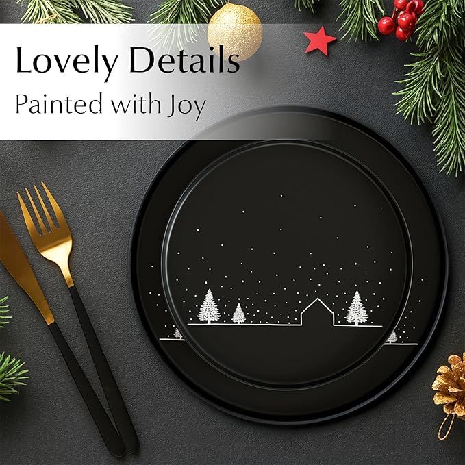 MIAMIO – Christmas Dinnerware Set 12-Piece/Christmas Plates Set with Mugs in minimalist holiday design (Service for 4) / Dishwasher and Microwave Safe – Vinter Collection