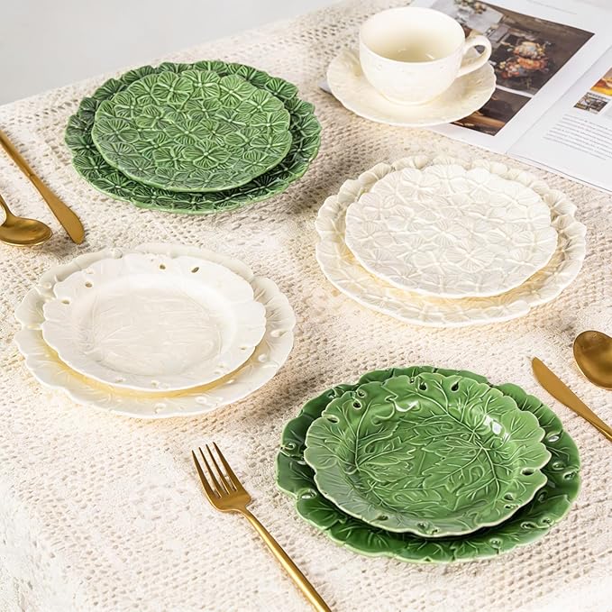 KAMMAK Ceramic Decorative Plate Set of 2, Porcelain Plates for Kitchen Dining Room Wine Cabinet Home Decor, Vintage Collector Plates with 2 Display Stand, Cream-White Leaves (8-inch + 10-inch)