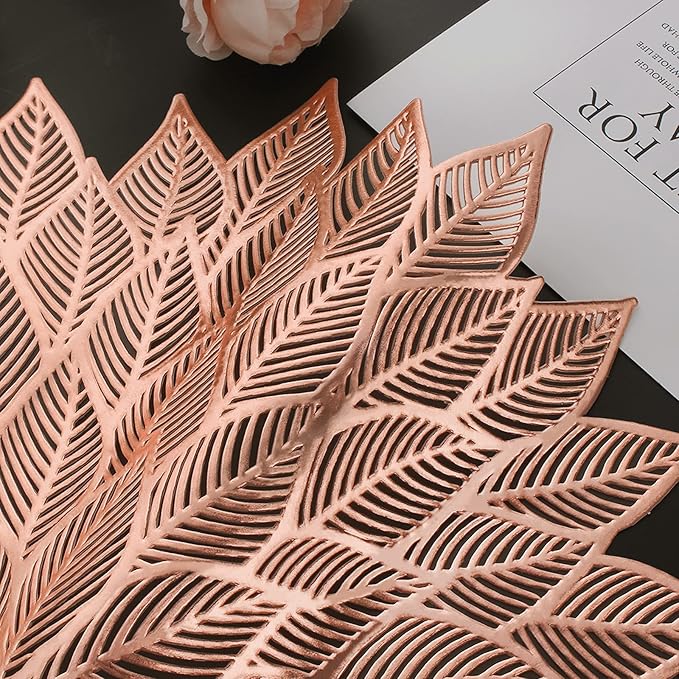 Placemats Set of 8, Round Hollow Out Flowers Place Mats for Dining Table Pressed Vinyl Blooming Leaf Table Mats for Holiday Party Wedding Accent Centerpiece Dinner Table Decoration (Rose Gold)