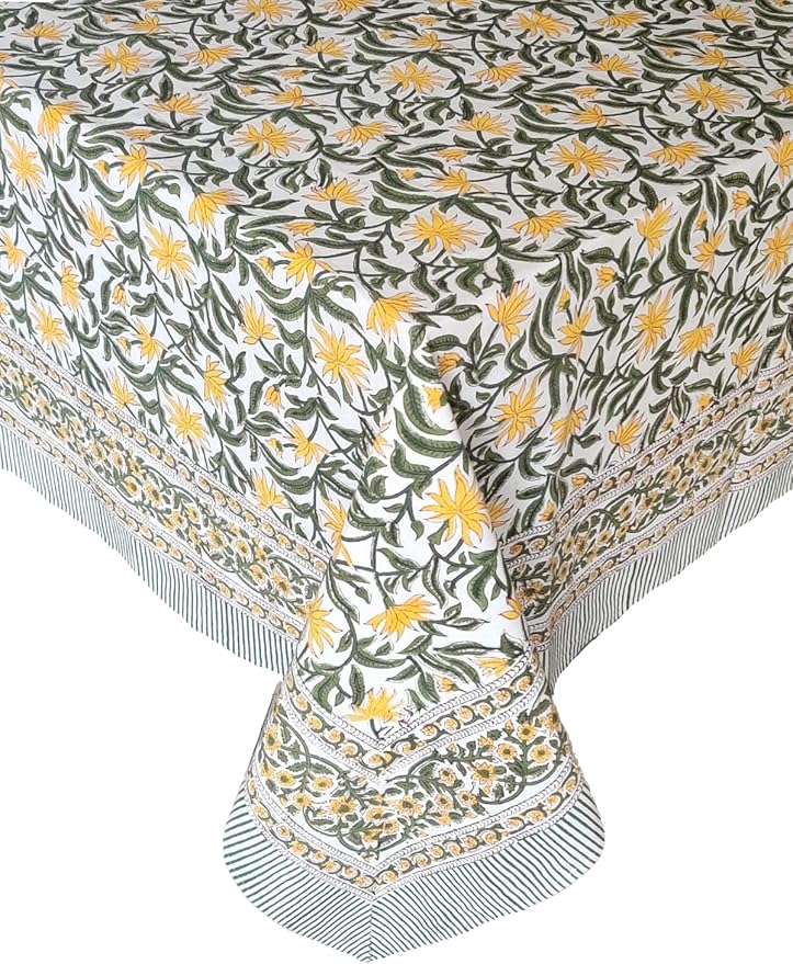 ATOSII Noor 100% Cotton Rectangle Spring Tablecloth, Handblock Floral Print Linen Table Cloth for Kitchen Dining I Parties, Outdoors, Weddings, Easter Holidays I 72 X 108 Inches I 8 Seater