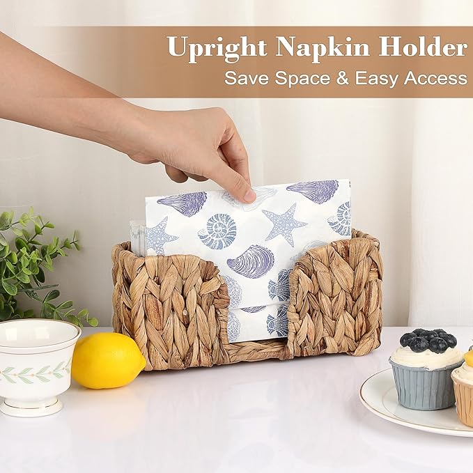 Sumnacon Guest Towel Napkin Holder, Vertical Water Hyacinth Napkin Holders for Table, Counter, Bathroom, Kitchen, Farmhouse Rectangle Napkins Basket Tray for Paper Napkins, Natural Home Office Decor