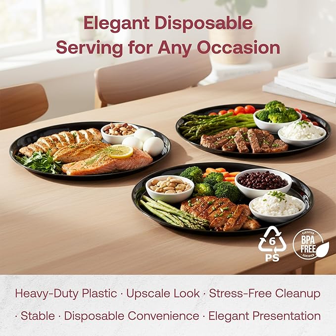 Smarty Had A Party 16 Inch Black Round Plastic Serving Tray – Heavy-Duty Plastic Serving Trays for Catering, Parties & Buffets, Elegant Disposable Black Serving Platters – 25-Pack