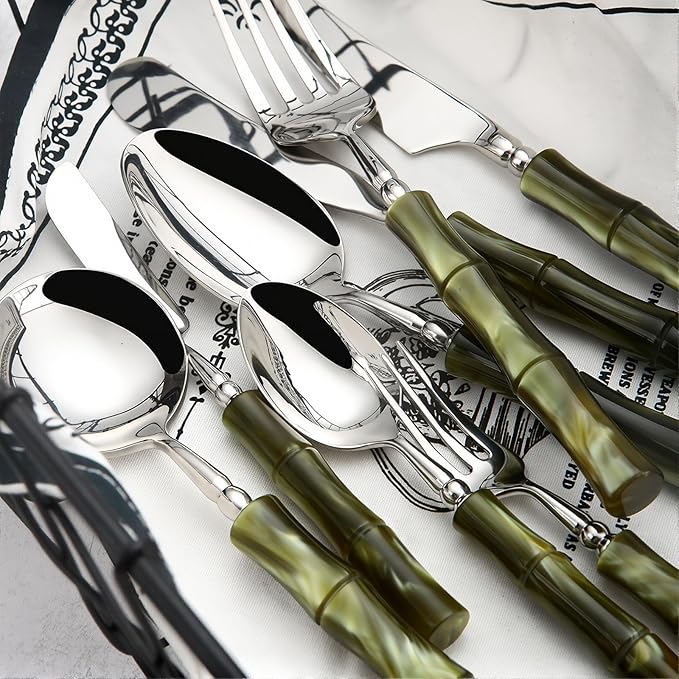 20 Piece Silverware Set Service for 4,Premium Bamboo Acrylic Handle Flatware Set Home Include Fork Knife Spoon Set Package for Christmas and Thanksgiving（Green）