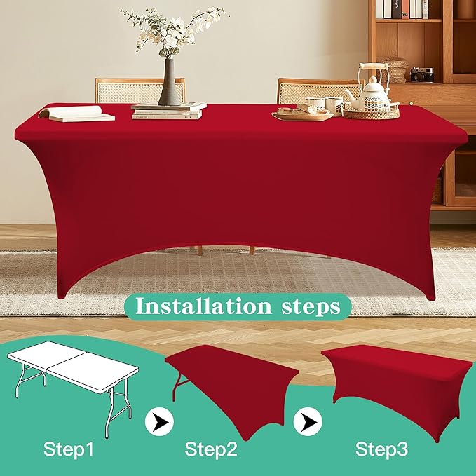 8FT Table Cloth for Rectangular Fitted Events Stretch Red Table Covers Washable Spandex Tablecloth Protector for Party, Wedding, Cocktail, Banquet, Festival